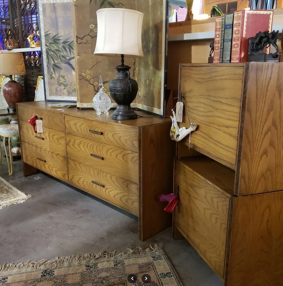 Mariposa, 805 Hobson Ave., Hot Springs, AR  71913, Glenn of California six-drawer oak MCM console dresser and two cube swing-door accent tables. Also various decor in photo.