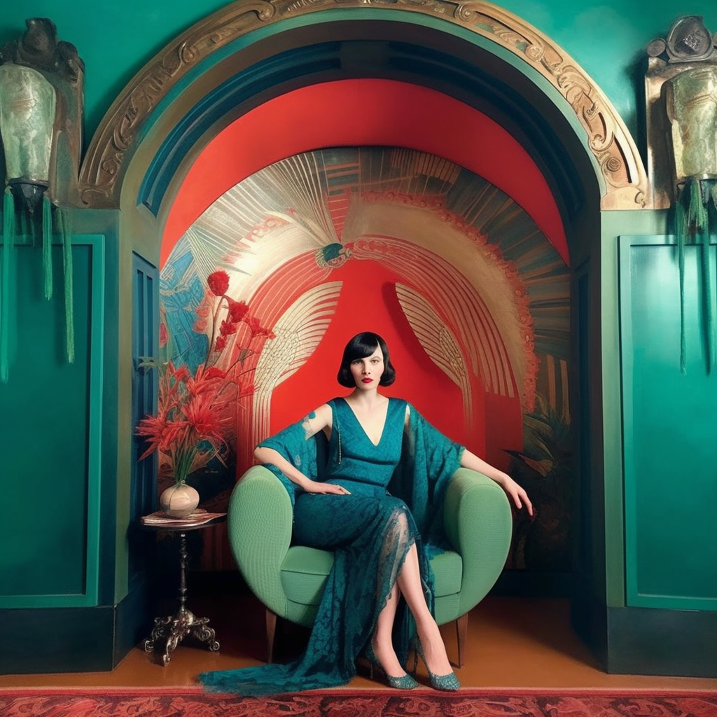 AI generated image of 1920s brunette socialite in a teal gown sitting on an upholstered green art deco arm chair in an enclosed arched enclave with red, gold and teal walls. This is a decorative image.