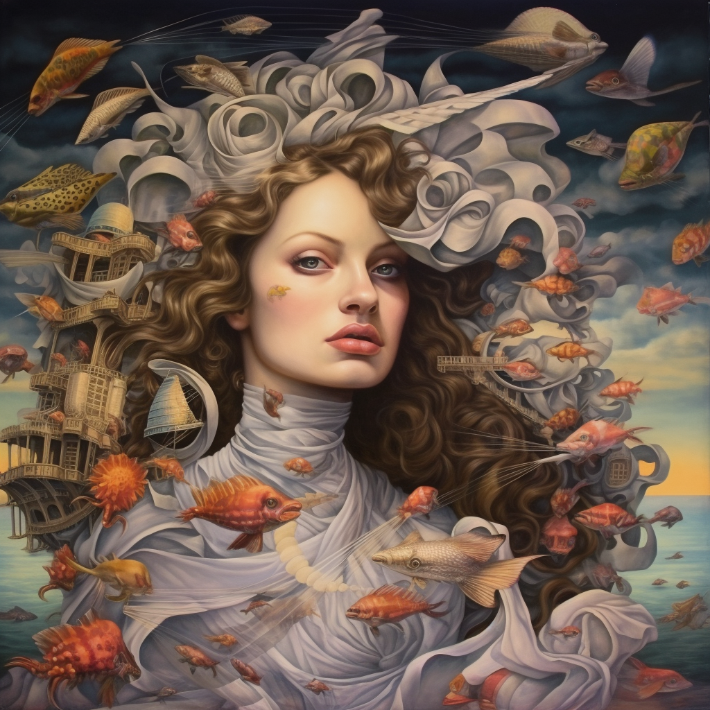 AI generated image of woman with long brown curly hair in a gauzy turtle-neck in a surreal style image with goldfish flying around her head. This is a decorative image.