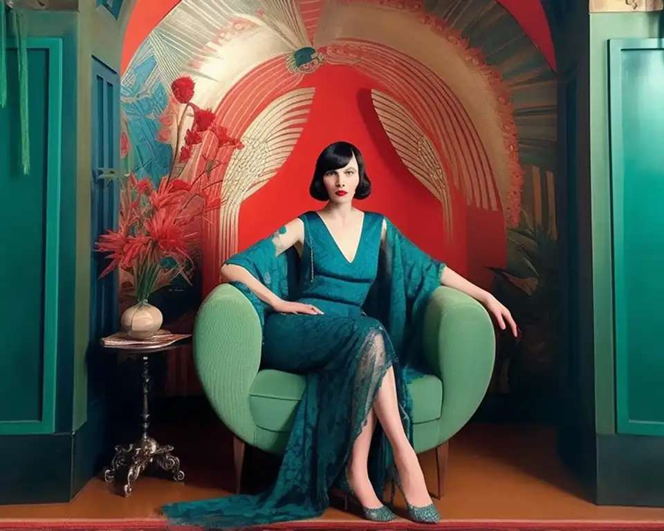 1920s brunette woman in teal dress sitting on rounded upholstered sea green chair in the archway of an enclave in a room with teal walls and enclave has red walls with gold abstract. This is a decorative image.