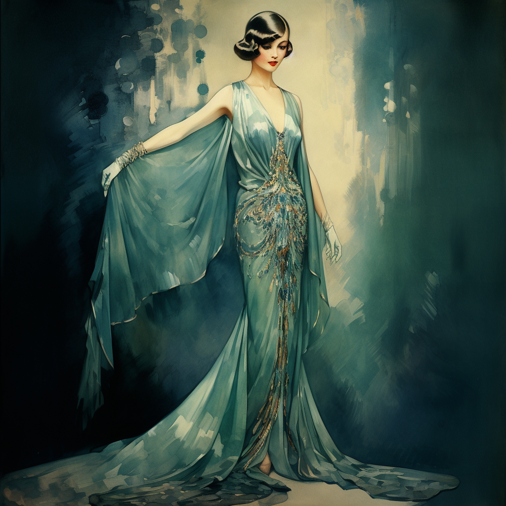 AI generated image of woman with brunette bob wearing long v-neck evening gown in shades of aqua; the background is like a watercolor abstract gradient in shades of dark teal and tan. This is a decorative image.