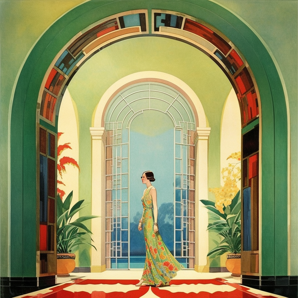 AI Generated art deco room arched doorway very tall, shades of red and green; brunette woman with bob hair in long flared bottom dress in center of archway.