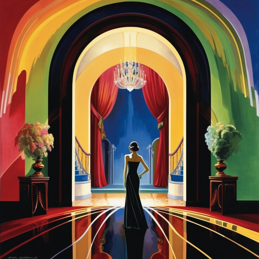 AI generated image of art deco room with very tall archway in shades of yellow, red, green, and black. Woman in long black evening gown standing in center of archway facing the opposite direction. This is a decorative image.