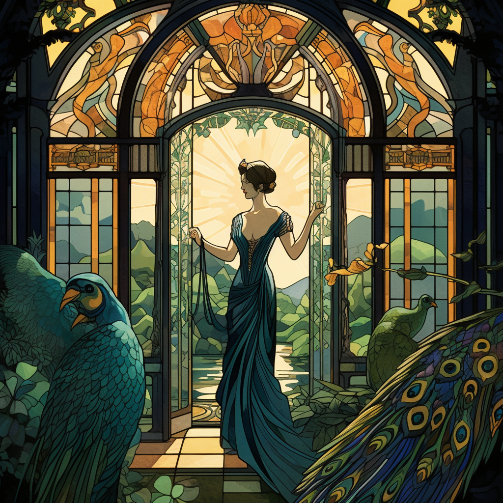 AI generated image of woman in a victorian style conservatory; the woman is wearing a long dark color gown