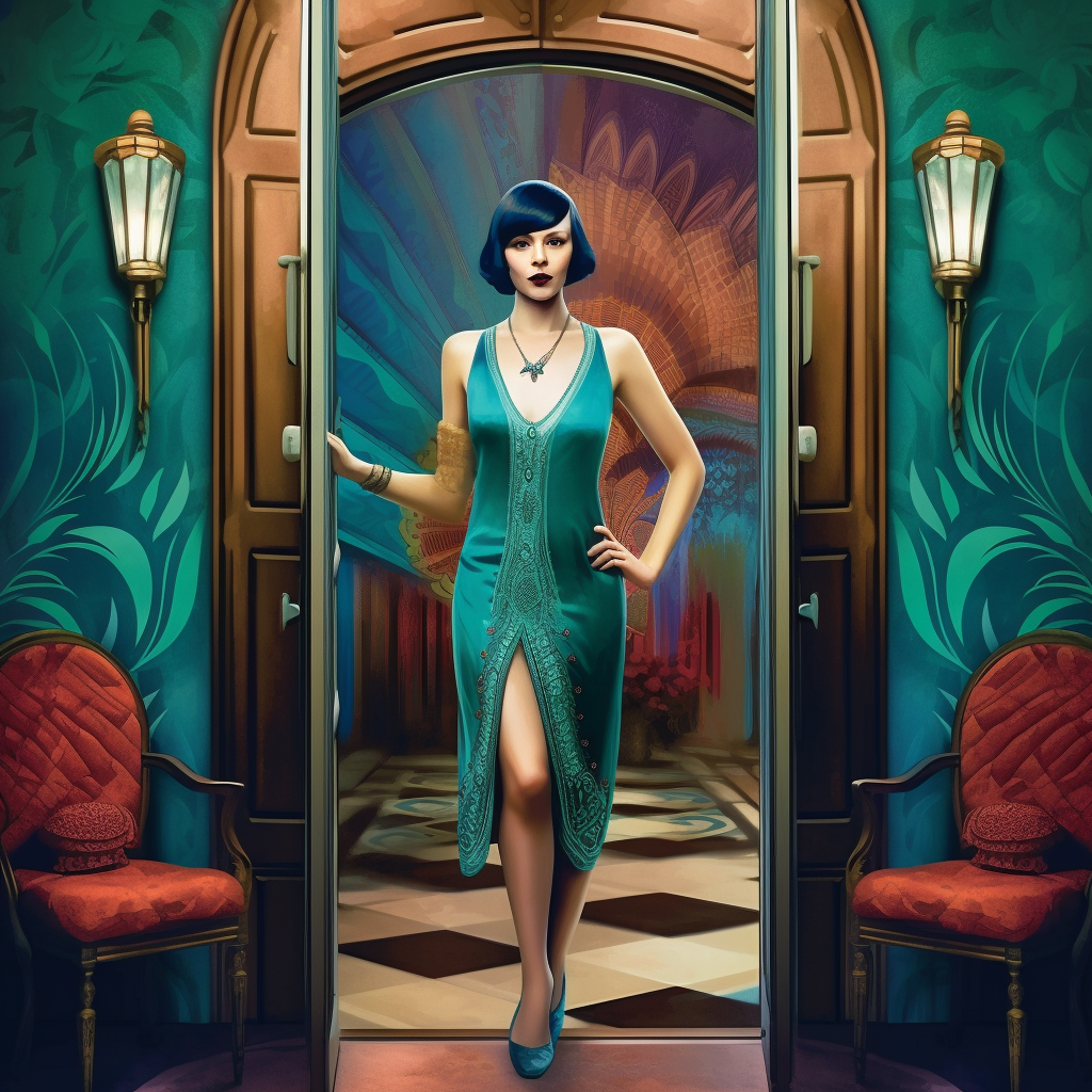 AI generated image of a 1920's brunette socialite wearing a teal gown enterin a room that has dark teal walls and two red velvet sitting chairs next to the door.